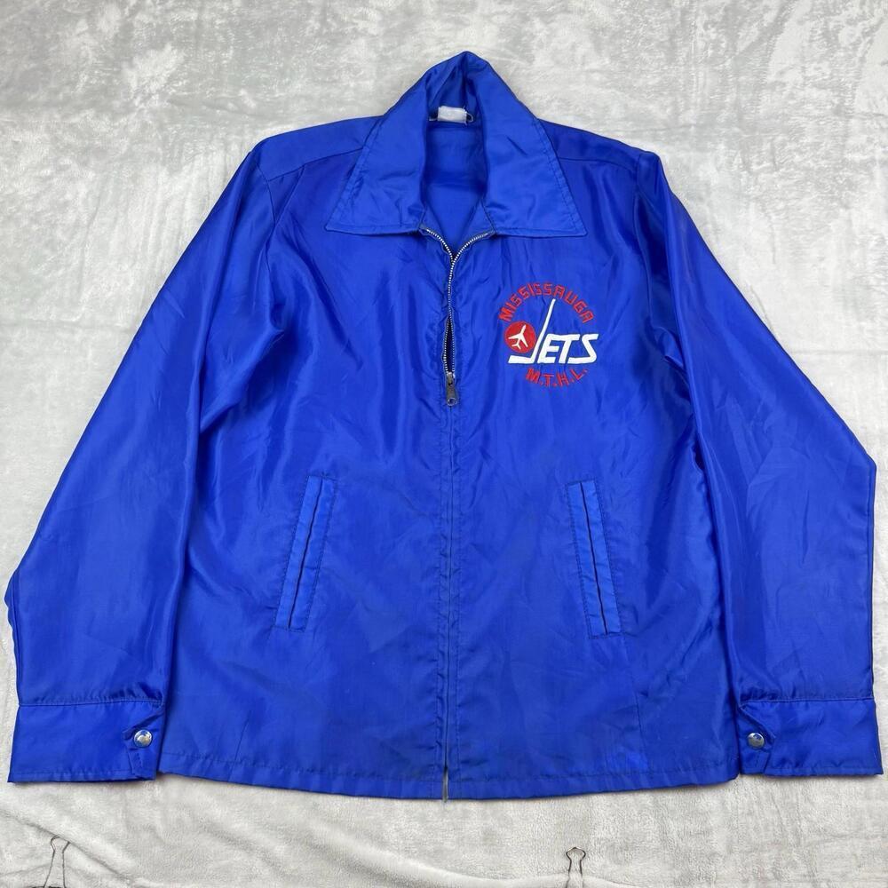 VTG 80s Mississagua Jets WTHL Blue team Catch Jacket Size Large Full Zip Retro